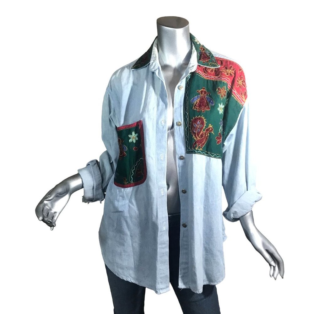 Quizz Vintage Women's Large Denim Button Front Long Sleeve Shirt Embroidered Des